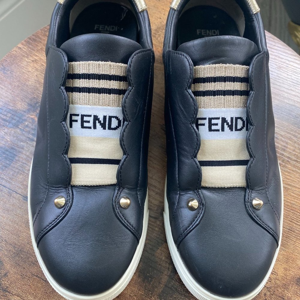 Fendi Rockoclick Knit Logo Black Leather Sneakers